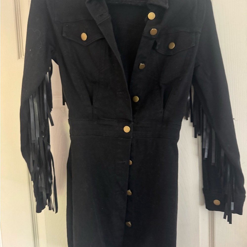 Black Fringe Button-Up Mini Dress
